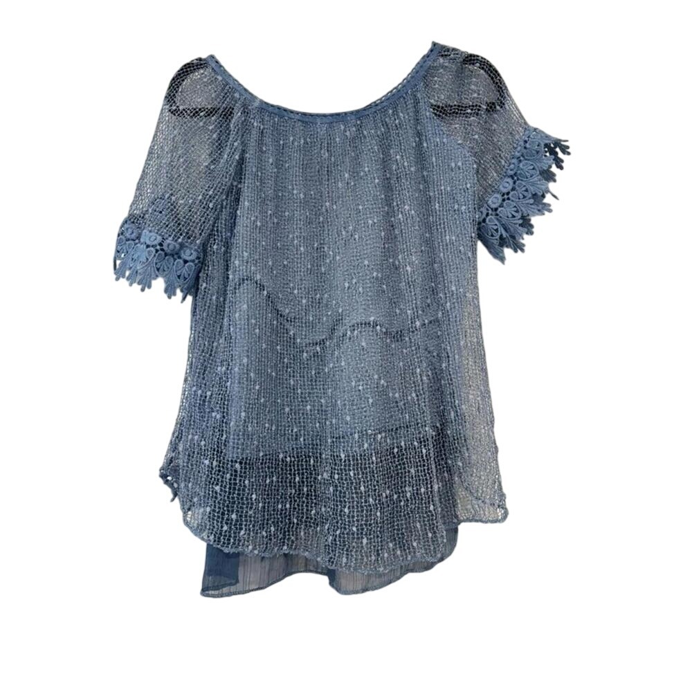 Belle France sz S blue‎ crochet/lace short sleeve blue boho delicate shirt 0